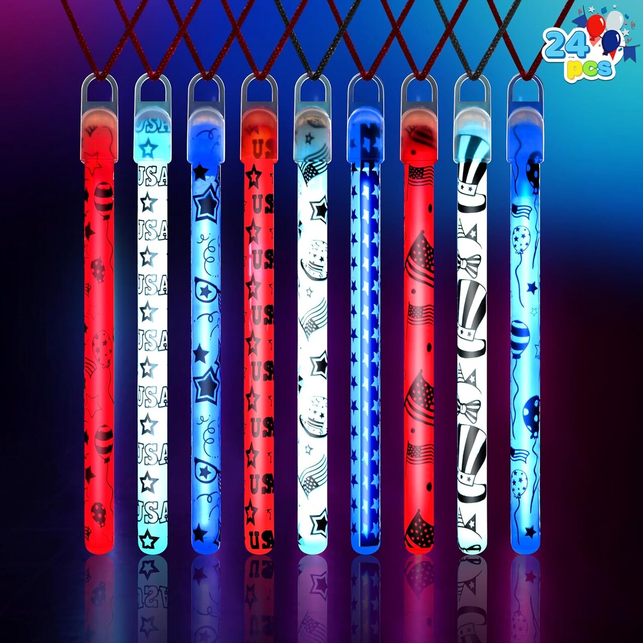 24 Pcs July 4th Patriotic Glow Sticks with Lanyard, Red White and Blue Glow Stick in Different Pattern Designs, 4th of July Light up Accessories for Independence Day, Memorial Day, Veterans Day